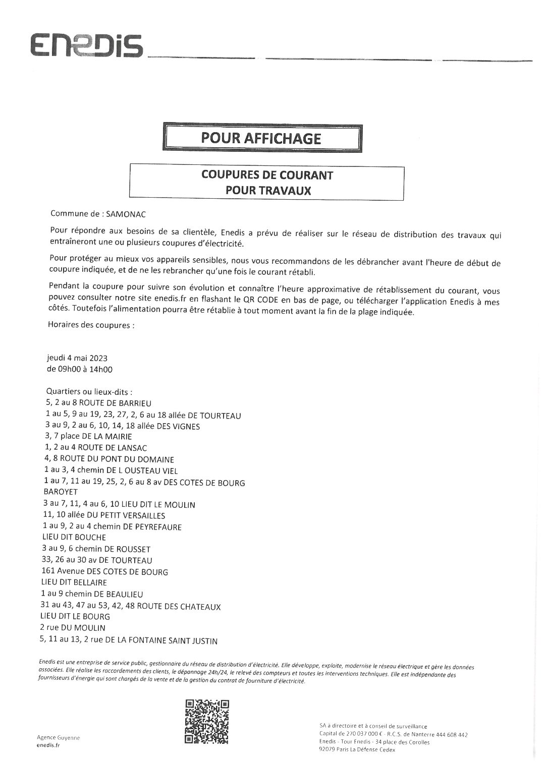 COUPURE ENEDIS SAMONAC 04/05/2023